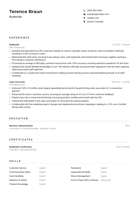 Budtender CV Example