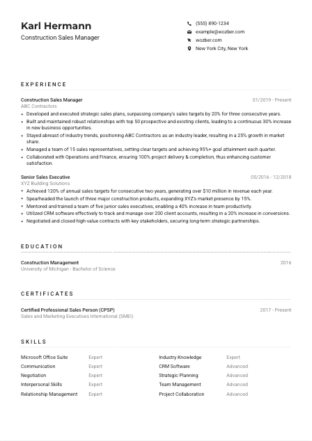 Construction Sales Manager Resume Example