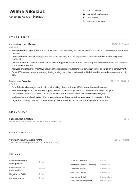 Corporate Account Manager CV Example