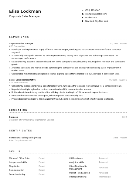 Corporate Sales Manager CV Example