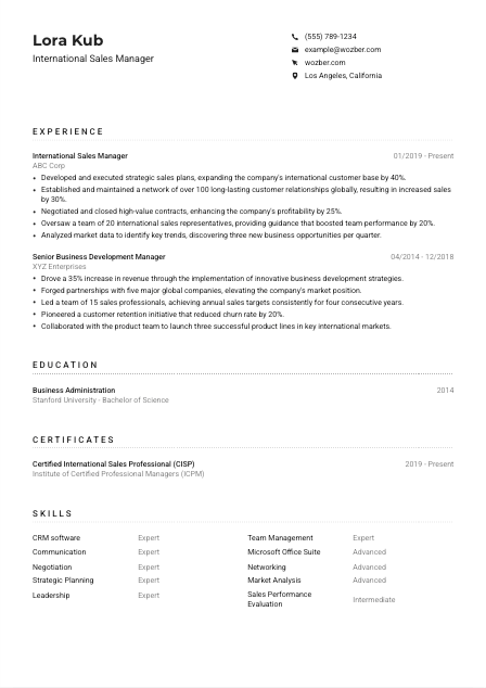 International Sales Manager Resume Example