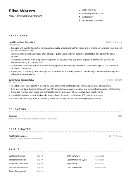 New Home Sales Consultant Resume Example