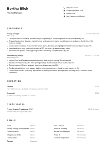 Pricing Manager Resume Example