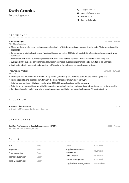 Purchasing Agent CV Example