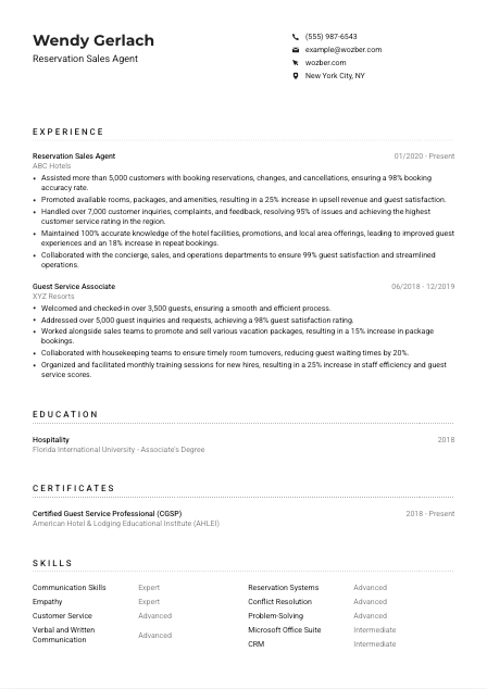 Reservation Sales Agent Resume Example