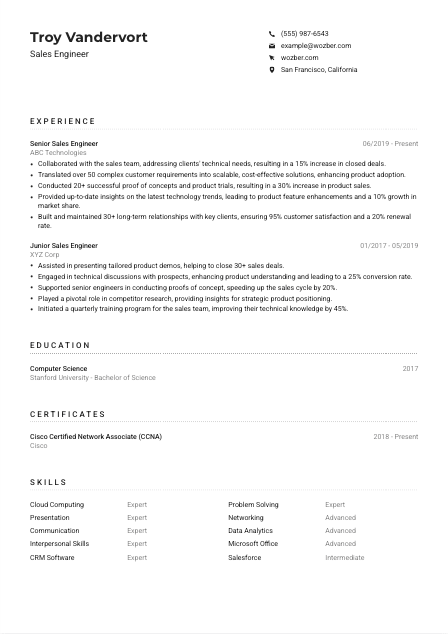 Sales Engineer Resume Example