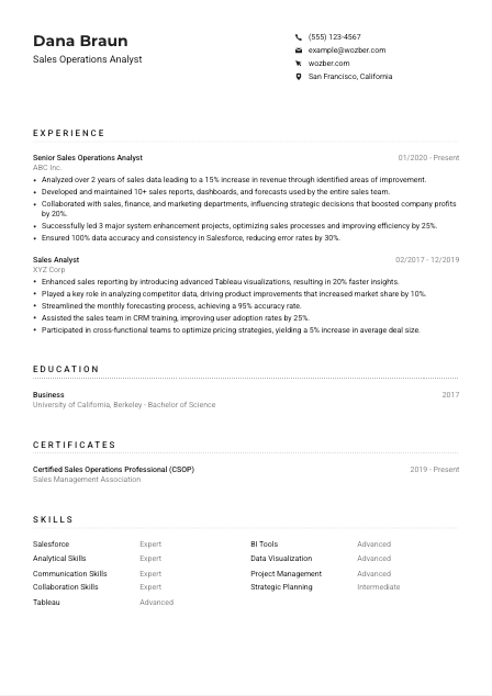 Sales Operations Analyst Resume Example