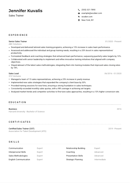 Sales Trainer Resume Example