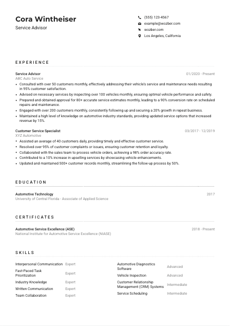 Service Advisor CV Example