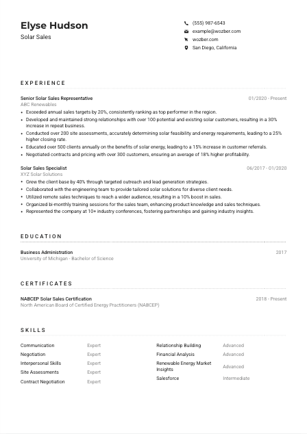 Solar Sales CV Example