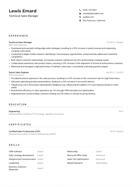 Technical Sales Manager CV Example