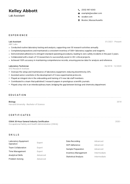 Lab Assistant CV Example