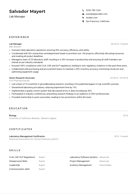 Lab Manager Resume Example