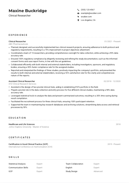 Clinical Researcher Resume Example