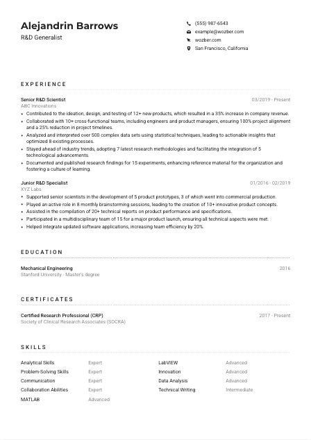 R&D Generalist Resume Example