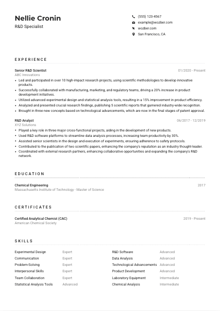 R&D Specialist Resume Example