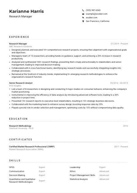 Research Manager CV Example