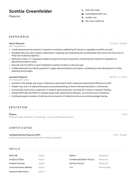 Physicist Resume Example