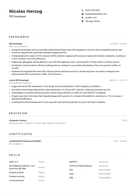 EDI Developer Resume Example