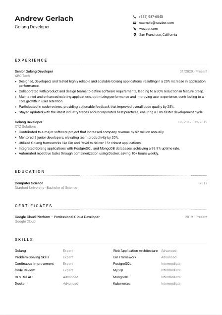 Golang Developer CV Example