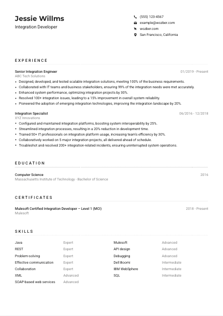 Integration Developer Resume Example