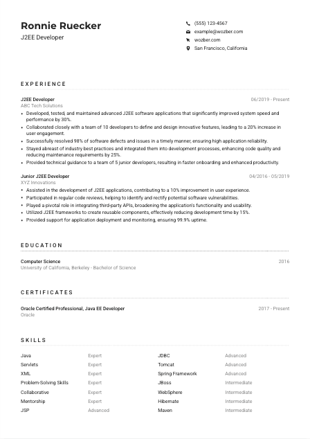 J2EE Developer Resume Example