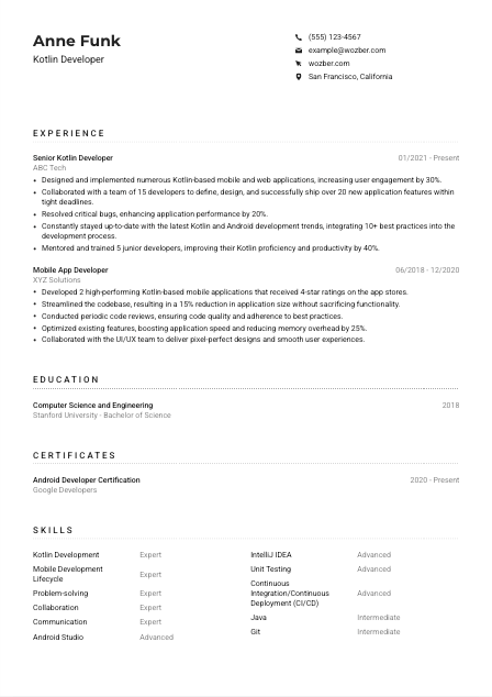 Kotlin Developer CV Example