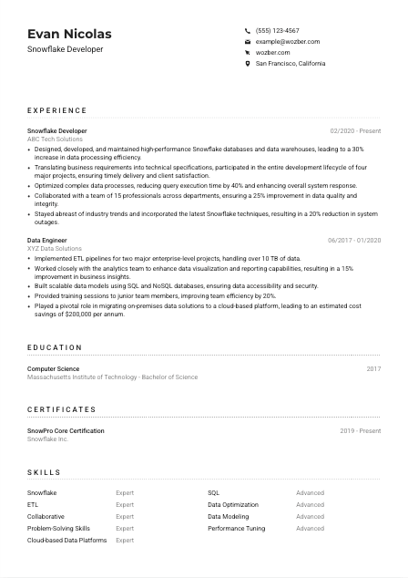 Snowflake Developer CV Example