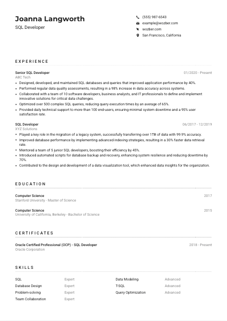 SQL Developer CV Example