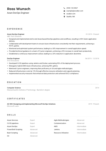Azure DevOps Engineer CV Example