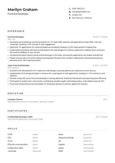 Front-End Developer CV Example