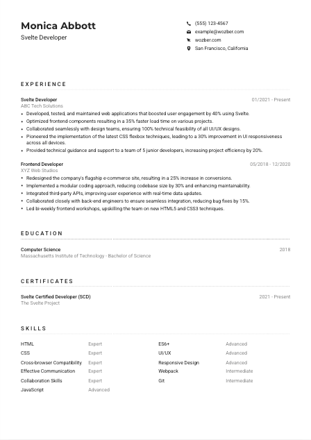 Svelte Developer Resume Example