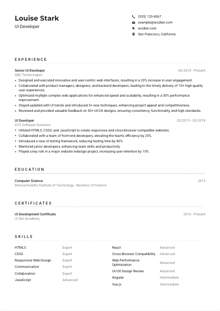 UI Developer Resume Example