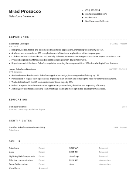 Salesforce Developer Resume Example