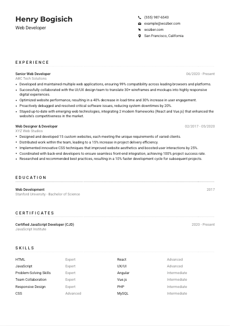 Web Developer Resume Example