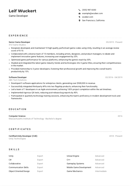 Game Developer CV Example