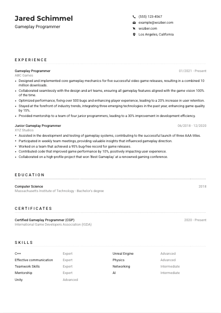 Gameplay Programmer CV Example