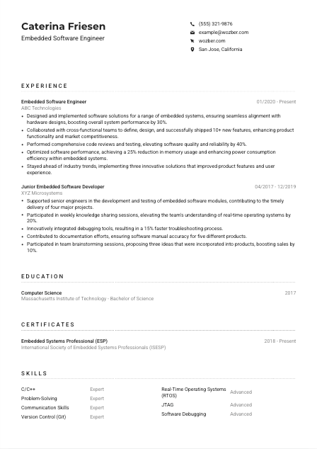 Embedded Software Engineer CV Example