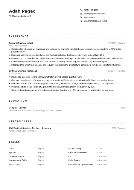 Software Architect Resume Example