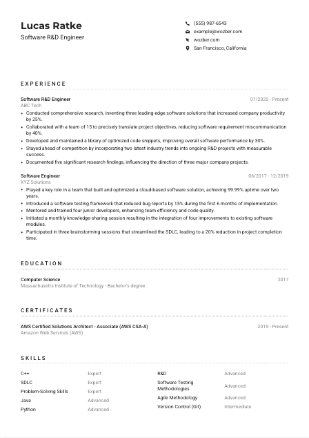Software R&D Engineer Resume Example