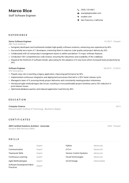 Staff Software Engineer Resume Example