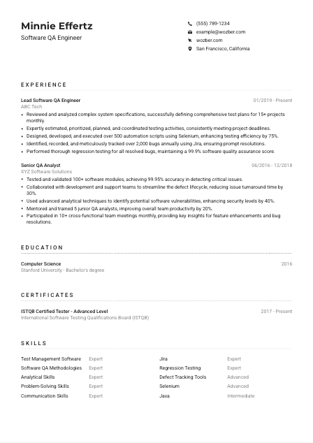 Software QA Engineer CV Example