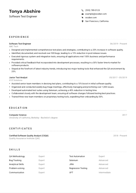 Software Test Engineer Resume Example