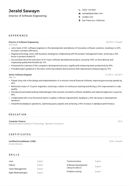 Director of Software Engineering Resume Example