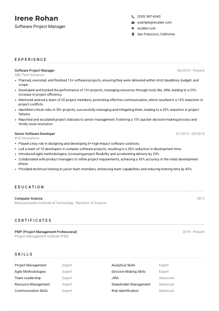 Software Project Manager CV Example