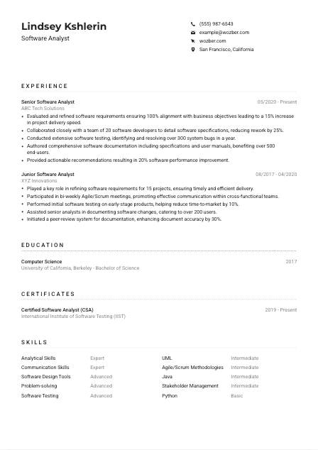 Software Analyst Resume Example