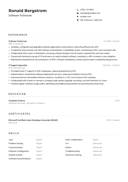 Software Technician Resume Example