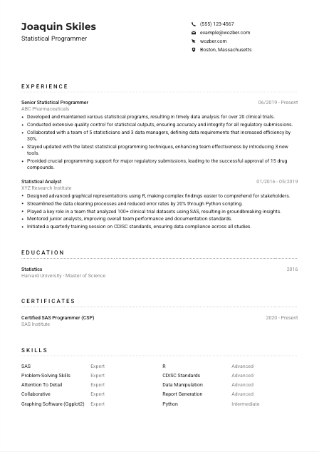 Statistical Programmer Resume Example