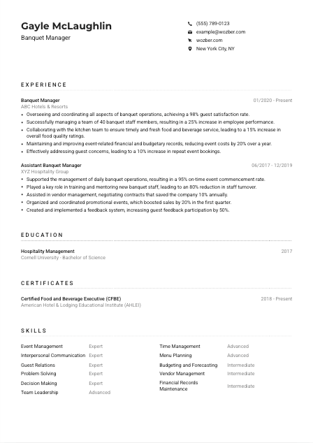 Banquet Manager CV Example