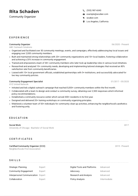Community Organizer CV Example